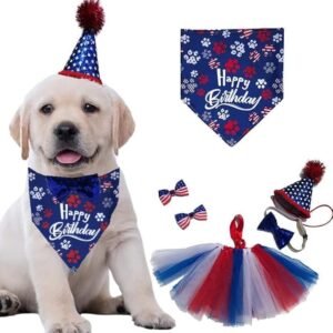 4th of July Pet Costume Independence Day Dog Costume Accessories, Red Blue and White Tutu Skirt Dog Birthday Paw Print Bandana Hat Bowtie American Flag Hairpin for Dog Cat Pet...