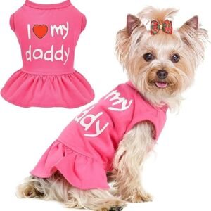 Dog Dresses for Small Dogs Girl, Cute Dog Clothes I Love My Mom/Dad Pink Dog Dress Breathable Pet Spring Summer Clothes Puppy Cat Outfits for Valentines Day